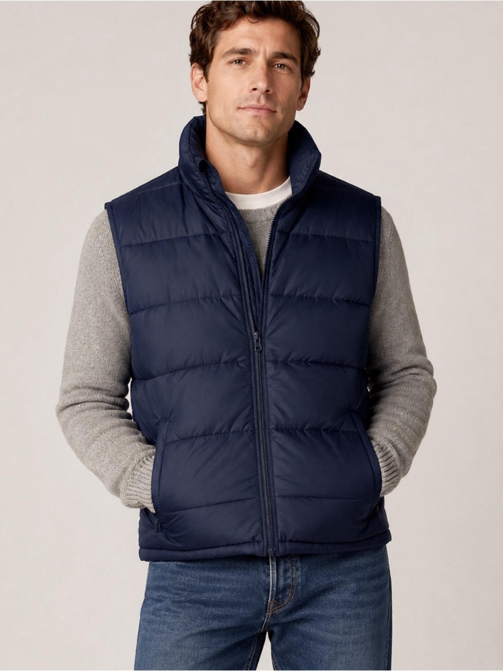 J. Crew Men Navy Blue Nylon Quilt Zip-Up Vest LARGE Preppy Classic Outdoor